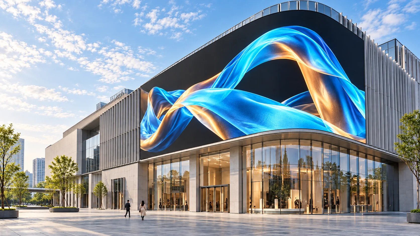 Fachada comercial com painel de LED curvo exibindo ondas em azul, ciano e dourado.
