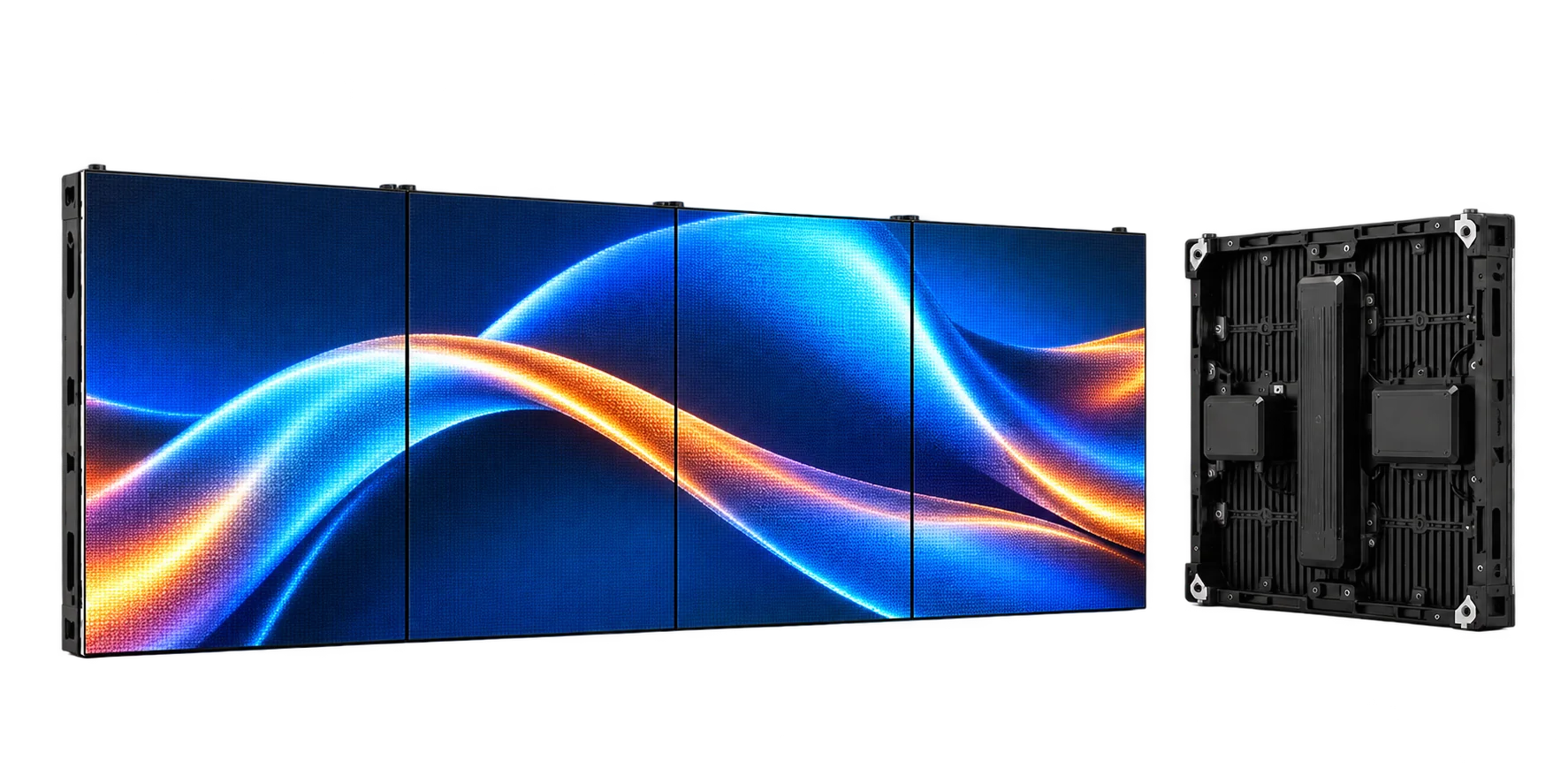 Painel modular de LED com ondas coloridas e módulo traseiro, sem fundo.